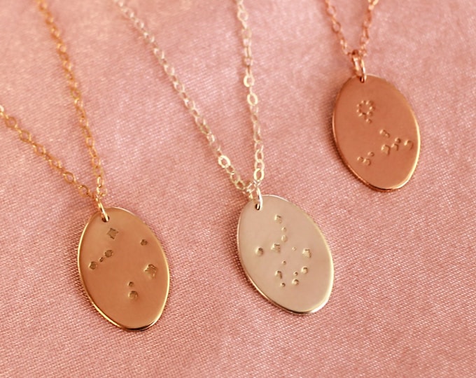 Liv Zodiac Constellation Necklace • Gold, Rose Gold or Silver - Oval Celestial Pendant - Gift for Her Mom Friend Birthday - Star Necklace