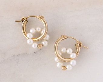 Alice Hoops • Gold or Silver - Pearl Hoop Earrings - Ear Huggies - Bridal Jewelry - Bridesmaid - Gift for Mom - Wife - Mothers Day Gift