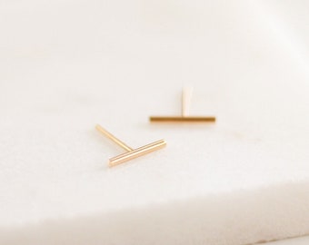 Short Line Earrings • Gold, Rose Gold, or Silver - Small Bar Earrings - Thin Line Posts - Parallel Lines - Simple Staple Post - Minimalist