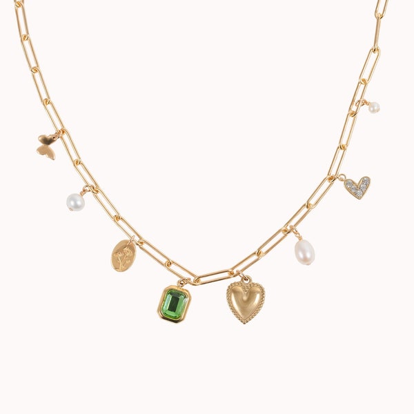 Green With Envy Charm Necklace • Curated Charm + Paperclip Chain Necklace - Birthday Gift for Her - Summer Jewelry - Flower Butterfly Pearls