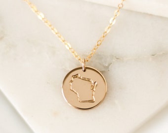 Wisconsin State Necklace • 14k Gold Filled, 14k Rose Gold Filled, or Sterling Silver - Personalized - Gift for Her Home - Best Friends