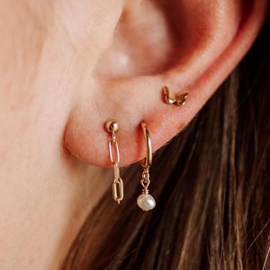 May include: A close-up of a person's ear with multiple gold earrings. The earrings include a small gold ball, a gold chain, a gold hoop, and a gold charm with a pearl.