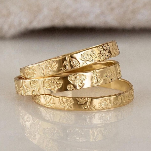 Mini Birth Flower Band • Gold or Silver - Flower Ring - Personalized Family Jewelry - Gift for Mom - Dainty Minimalist Stacking