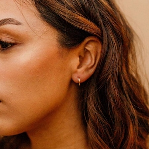 May include: A woman with long brown hair wearing a white shirt and a gold necklace. She is wearing small gold hoop earrings.