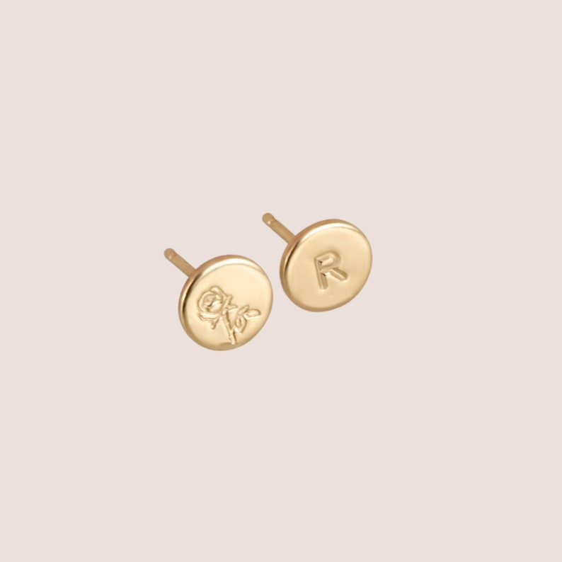 Ellie Personalized Stud Earrings Gold, Silver or Rose Gold Initial Birth Flower Symbols Gift for Mom Birthday Gift for Her image 2