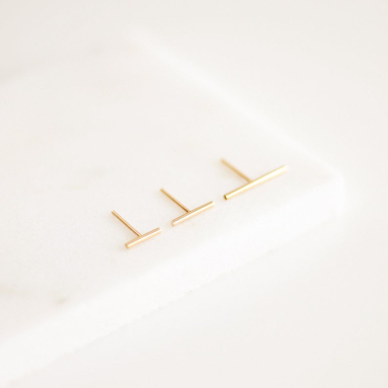 Tiny Line Earrings Gold, Rose Gold, or Silver Small Bar Earrings Line Posts Parallel Simple Staple Posts 14k Stud Minimalist Thin image 3
