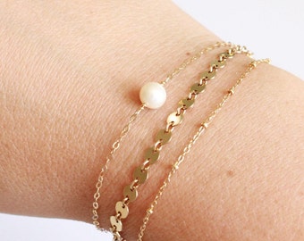 Small Pearl Bracelet - Pearl Jewelry - Gold, Silver or Rose Gold - Layered Bracelet Set - June Birthstone - Gift for Her - Dainty Bracelet
