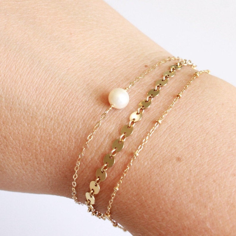 Small Pearl Bracelet Pearl Jewelry Gold, Silver or Rose Gold Layered Bracelet Set June Birthstone Gift for Her Dainty Bracelet image 1