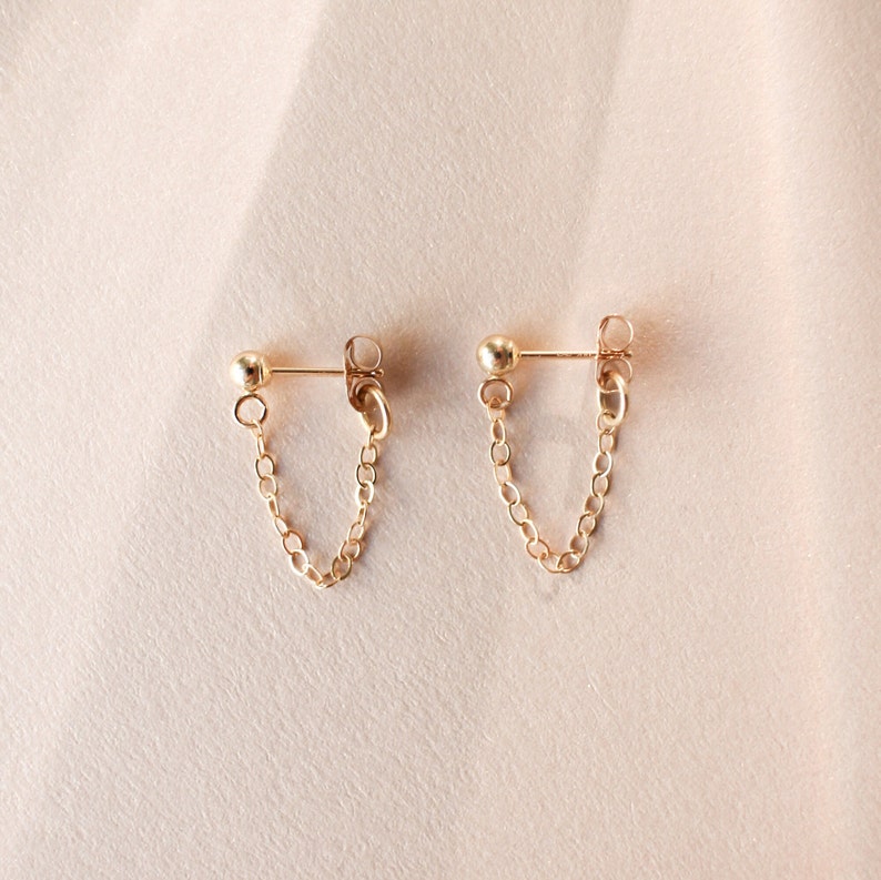 Boucles d'oreilles en forme de chaîne Or, or rose ou argent clous d'oreilles en or boucles d'oreilles pendantes avant-gardiste demoiselles d'honneur minimaliste or 14 carats image 2