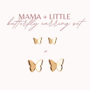 May include: A set of gold butterfly earrings. The set includes two smaller earrings and two larger earrings. The earrings are perfect for a mother and daughter.