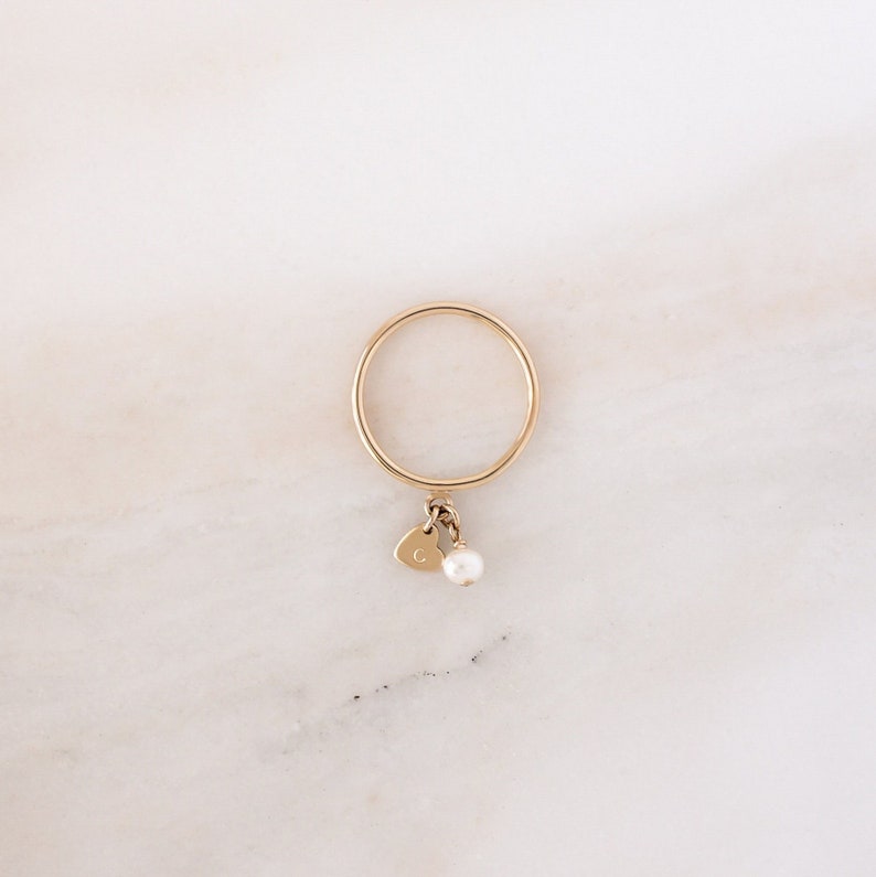 Cleo Bauble Ring Gold, Silver or Rose Gold Heart Initial Ring Personalized Jewelry Gift for Her Friendship Ring Pearl Charm image 1