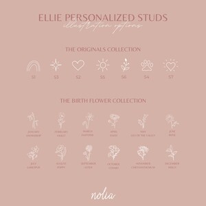 Ellie Personalized Stud Earrings Gold, Silver or Rose Gold Initial Birth Flower Symbols Gift for Mom Birthday Gift for Her image 6