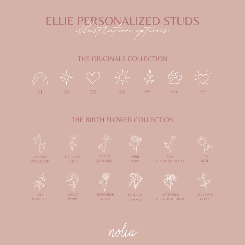 Ellie Personalized Stud Earrings Gold, Silver or Rose Gold Initial Birth Flower Symbols Gift for Mom Birthday Gift for Her image 6