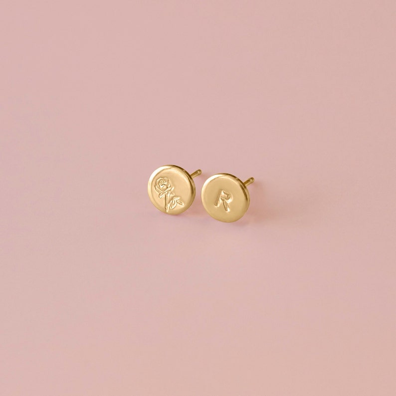 Ellie Personalized Stud Earrings Gold, Silver or Rose Gold Initial Birth Flower Symbols Gift for Mom Birthday Gift for Her image 4