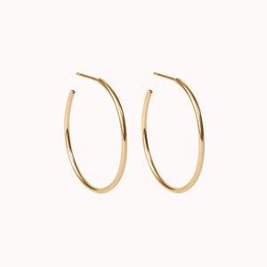 May include: A pair of gold hoop earrings. The earrings are simple and elegant, with a smooth, polished finish.