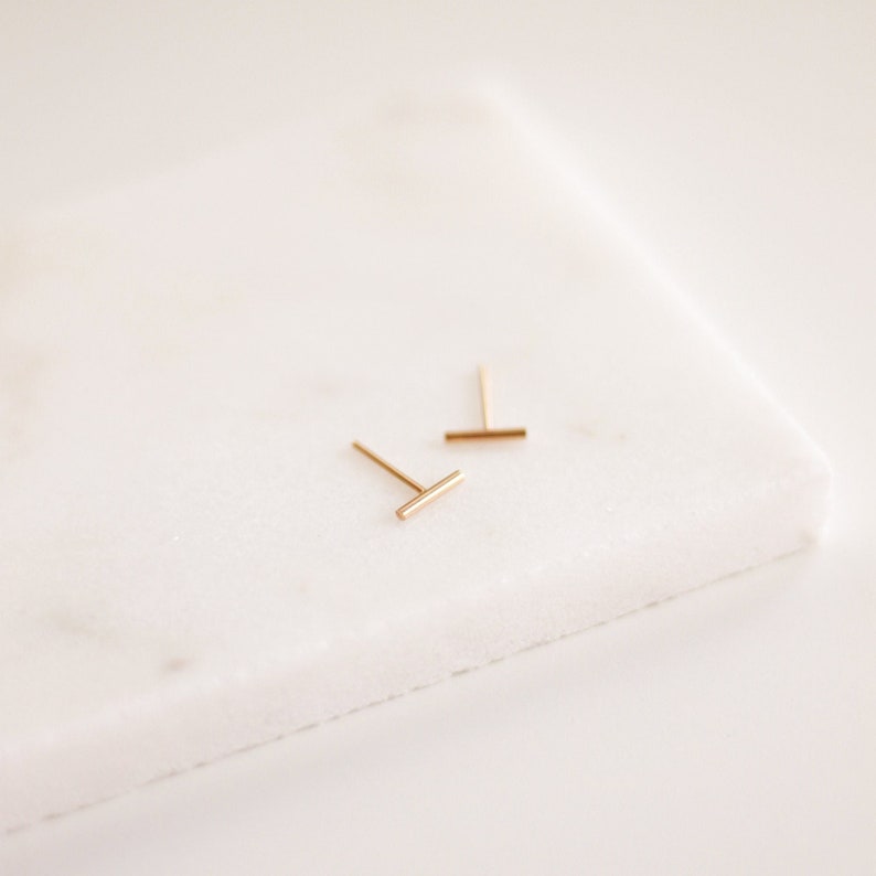 Tiny Line Earrings Gold, Rose Gold, or Silver Small Bar Earrings Line Posts Parallel Simple Staple Posts 14k Stud Minimalist Thin image 1