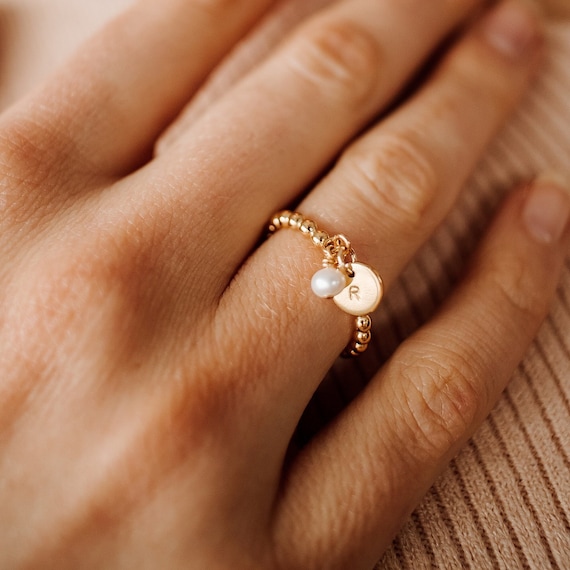 Beaded Bauble Ring Gold Silver or Rose Gold Stacking Initial Ring Personalized Jewelry Gift for Her Friendship Ring Pearl Charm Etsy Canada