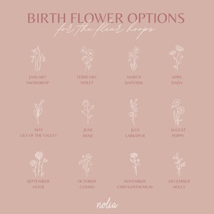May include: A blush-colored graphic featuring twelve line drawings of flowers, each representing a birth month. Text at the top reads "BIRTH FLOWER OPTIONS for the fleur hoops." Each flower is labeled with its month and name, such as "January Snowdrop."