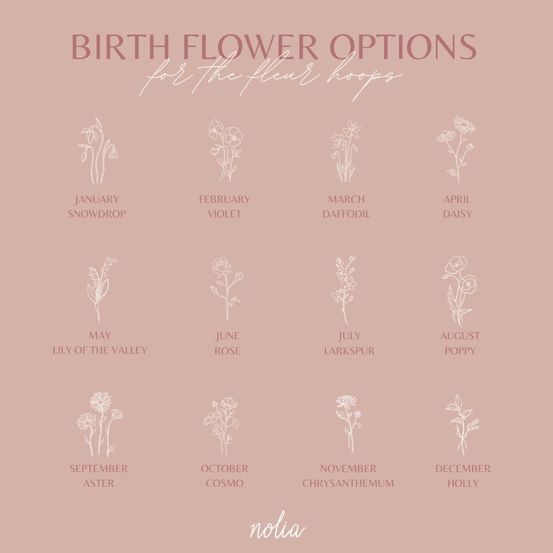 May include: A blush-colored graphic featuring twelve line drawings of flowers, each representing a birth month. Text at the top reads "BIRTH FLOWER OPTIONS for the fleur hoops." Each flower is labeled with its month and name, such as "January Snowdrop."