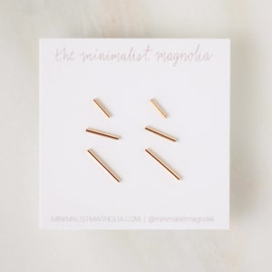 Trio of Line Earrings - Gold, Rose Gold, Silver - Bar Earrings - Line Posts - Parallel Lines - Staple Post - Minimalist Thin 14k Earring Set