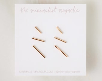 Trio of Line Earrings - Gold, Rose Gold, Silver - Bar Earrings - Line Posts - Parallel Lines - Staple Post - Minimalist Thin 14k Earring Set