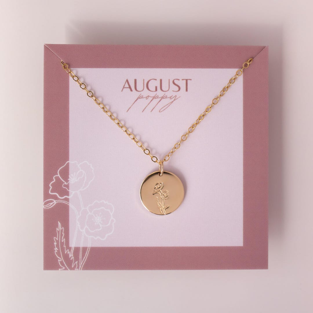 August Birth Flower Necklace • Poppy Floral Jewelry - Personalized Disc ...