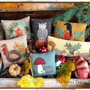 May include: A collection of nine handmade felt pillows with autumnal themes, including a turkey, owl, squirrel, mushroom, and acorn. The pillows are arranged in a wooden crate with fall foliage and pumpkins. The text "The Woolly Thread Co." is visible at the bottom of the image.