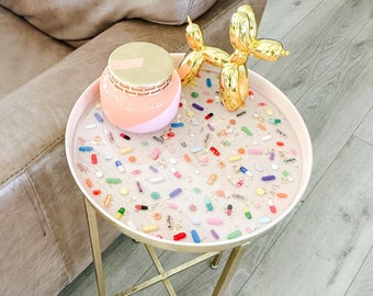 Pink and Gold Metal Pill Accent Table and Tray