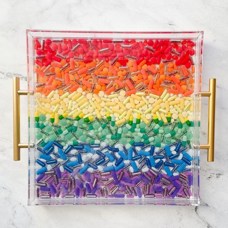 Rainbow Overdose Resin Pill Serving Tray 12x12 inches image 1