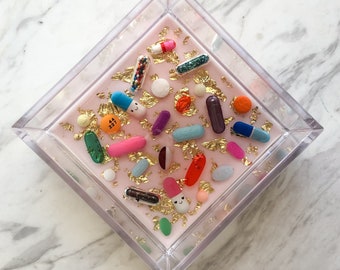 Acrylic and Resin Catch-all Tray Trinket Dish Light Pink with Gold Leaf Pill Dish