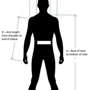 May include: Diagram showing how to measure the length, width, and shoulder width of a robe. The diagram shows a silhouette of a person with lines indicating the measurements.