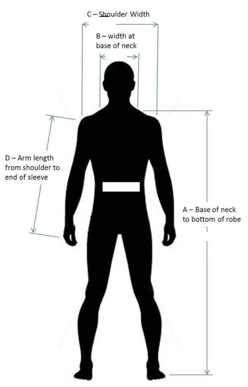 May include: Diagram showing how to measure the length, width, and shoulder width of a robe. The diagram shows a silhouette of a person with lines indicating the measurements.