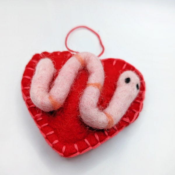Felted Decoration with Love heart and Worm Quirky Ornament Arrives Gift Wrapped Handmade in the UK