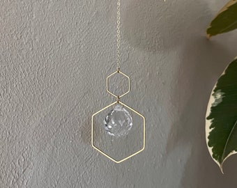 NEW Double Hexagons Brass Sun Catcher, Crystal Prism Rainbow Maker Light Catcher Gold Window Hanging Feng Shui Decor | Just Short and Sweet