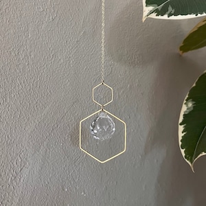 NEW Double Hexagons Brass Sun Catcher, Crystal Prism Rainbow Maker Light Catcher Gold Window Hanging Feng Shui Decor | Just Short and Sweet