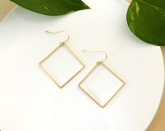 NEW Brass Square Hoop Earrings, Simple Modern Gold Diamond Shaped Minimalist Lightweight Dangle Earrings Boho Jewelry | Just Short and Sweet