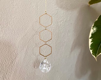 Hexagons Sun Catcher, Crystal Prism Suncatcher Rainbow Maker Light Catcher Brass Window Hanging Feng Shui Gold Decor | Just Short and Sweet