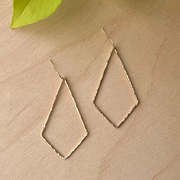 Hammered Diamond Shaped Hoop Earrings, Modern Gold Big Statement Lightweight Everyday Earrings Jewelry Gift for Her | Just Short and Sweet