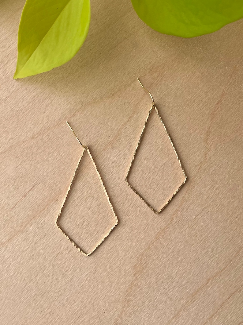 Hammered Diamond Shaped Hoop Earrings, Modern Gold Big Statement Lightweight Everyday Earrings Jewelry Gift for Her Just Short and Sweet image 1