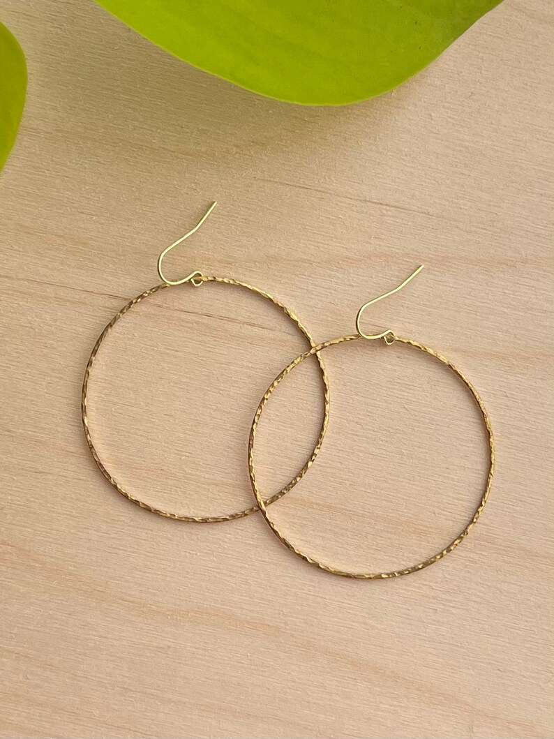 Big Brass Hammered Hoop Earrings, Modern Gold Simple Minimalist Lightweight Dangle Everyday Earrings Boho Jewelry Just Short and Sweet image 2