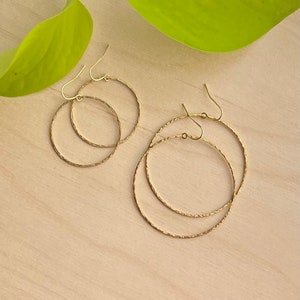 Big Brass Hammered Hoop Earrings, Modern Gold Simple Minimalist Lightweight Dangle Everyday Earrings Boho Jewelry Just Short and Sweet image 3