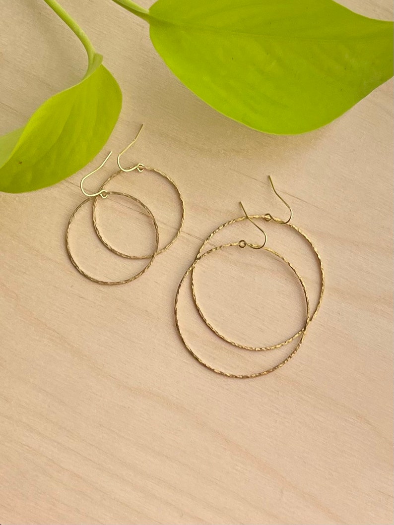 Big Brass Hammered Hoop Earrings, Modern Gold Simple Minimalist Lightweight Dangle Everyday Earrings Boho Jewelry Just Short and Sweet image 3