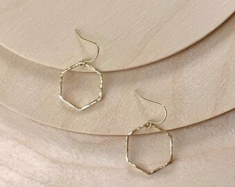 MINI Hammered Hexagon Brass Hoop Earrings, Modern Geometric Dainty Minimalist Earrings Simple Shape Gold Boho Jewelry | Just Short and Sweet