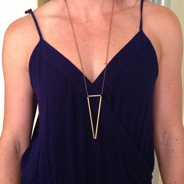 Brass Necklace {BEST SELLER} Gold Geometric Triangle Long Statement Necklace, Lightweight Minimalist Vegan Jewelry | by Just Short and Sweet