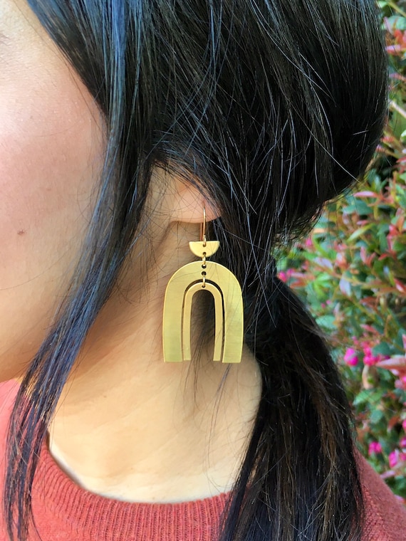 BEST SELLER! LULU Brass Earrings, Modern Gold Double Arch Rainbow