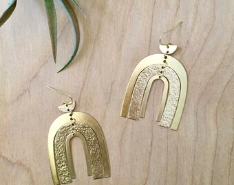 NEW! Triple Layer LULU Brass Earrings, Modern Gold Hammered Arch Rainbow Bold Statement Dangle Boho Big Bold Earrings | Just Short and Sweet