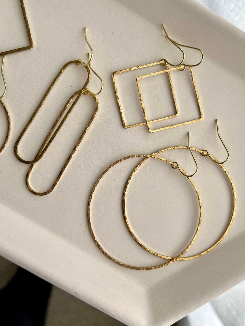 Big Brass Hammered Hoop Earrings, Modern Gold Simple Minimalist Lightweight Dangle Everyday Earrings Boho Jewelry Just Short and Sweet image 5