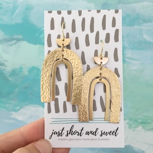 LULU Hammered Brass Rainbow Arc Statement Earrings, Modern Geometric Gold Double Arch Dangle Boho Jewelry Earrings | by Just Short and Sweet