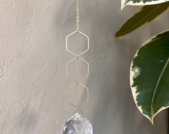 Large Hexagons Sun Catcher, Crystal Prism Rainbow Maker Light Catcher Brass Suncatcher Window Hanging Feng Shui Decor | Just Short and Sweet