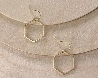 MINI Hexagon Brass Hoop Earrings, Modern Geometric Dainty Dangle Minimalist Earrings Simple Shape Gold Boho Jewelry | Just Short and Sweet